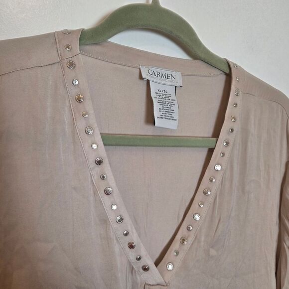 Carmen Marc Valvo Taupe Satin Peasant Blouse Top Slinky Formal Y2K Rhinestone XL - Picture 5 of 7